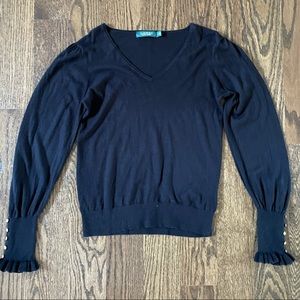 Ralph Lauren Black V-neck Sweater with Gold Buttons, Balloon Sleeves, Medium